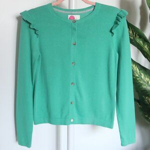 Mini Boden Girls Green Cotton Ruffle Shoulder Cardigan Sweater Size 11-12Y